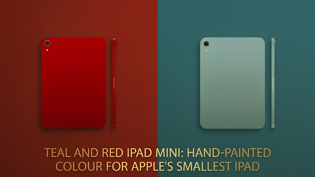 Teal and red hand-painted Apple iPad mini side by side