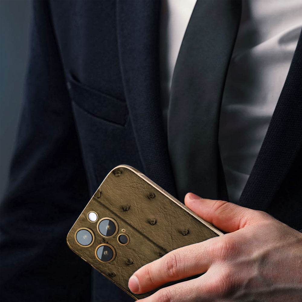iPhone 16 Pro Max - 24K Rose Gold + Taupe Leather Ostrich