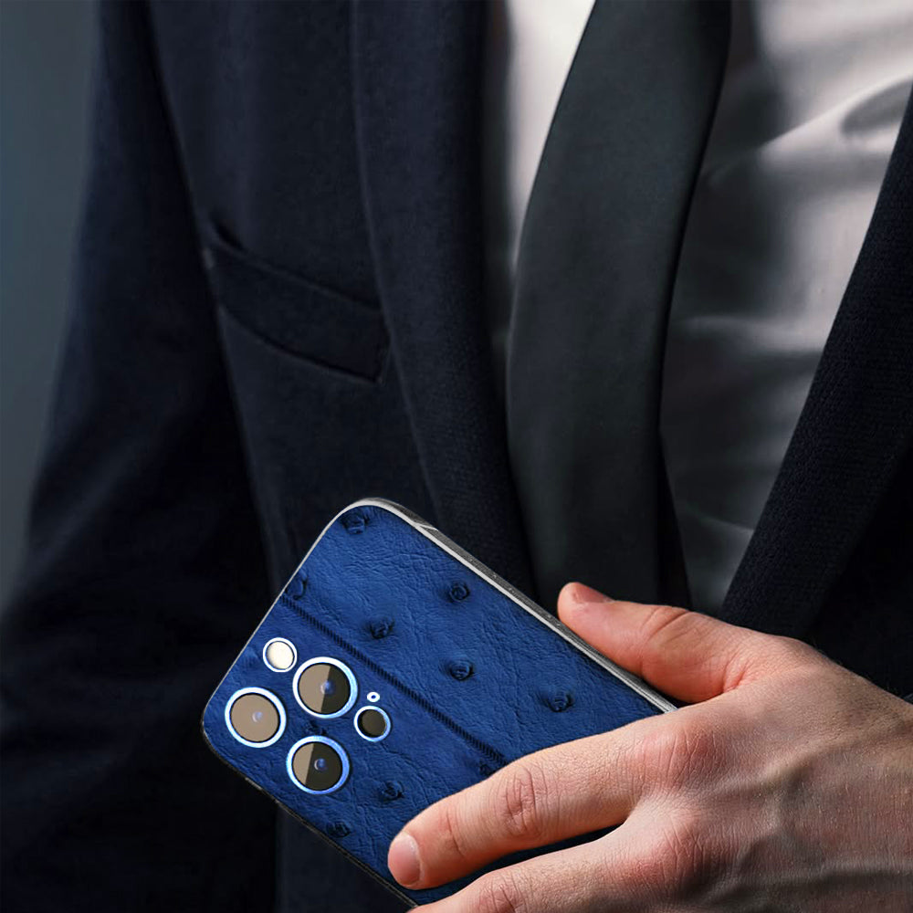 iPhone 16 Pro Max - Silver + Navy Blue Leather Ostrich