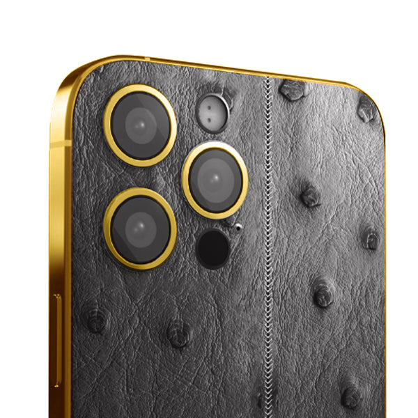 iPhone 16 Pro Max - Black Leather Ostrich 24K Gold