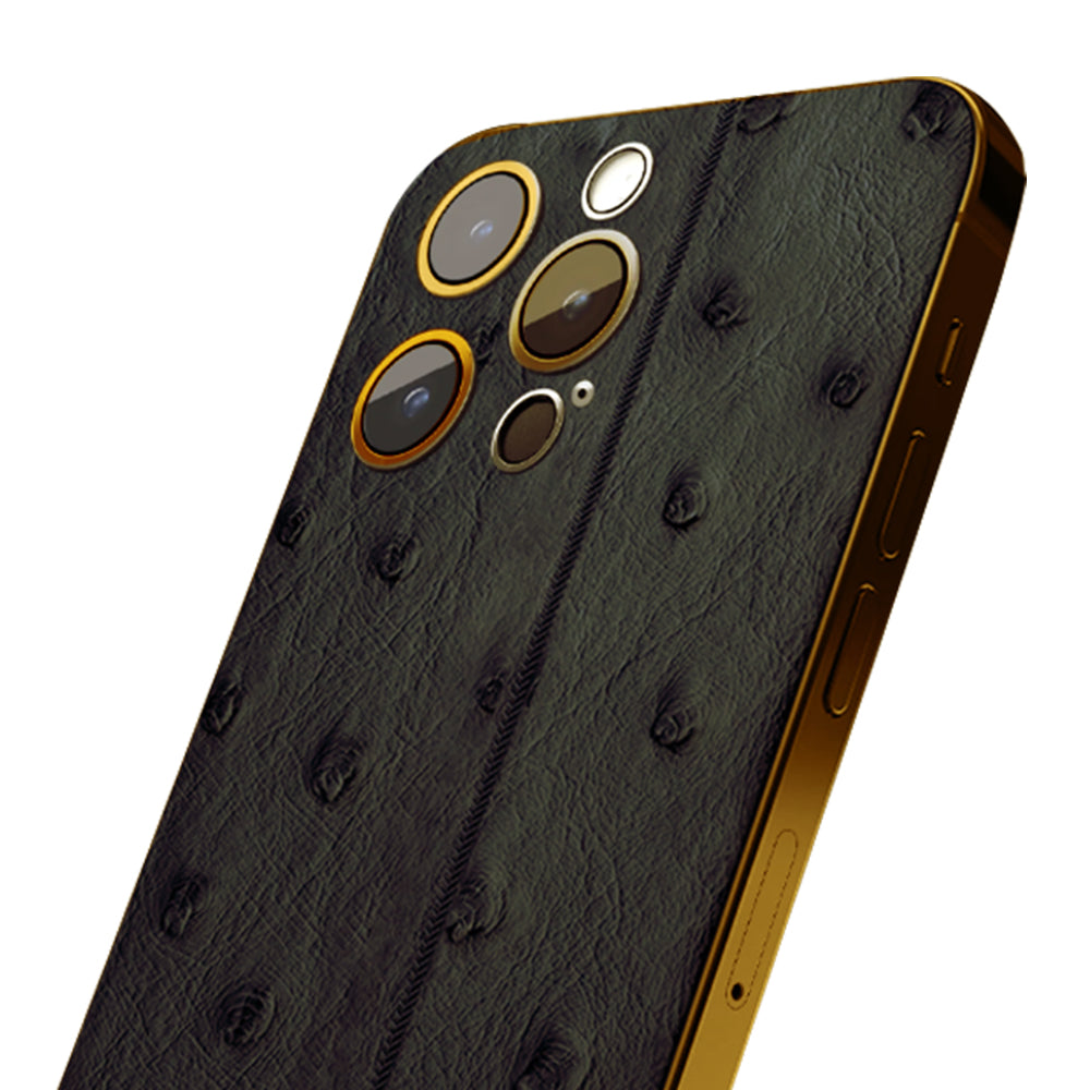 IPHONE 16 PRO MAX BLACK LEATHER OSTRICH 24K GOLD